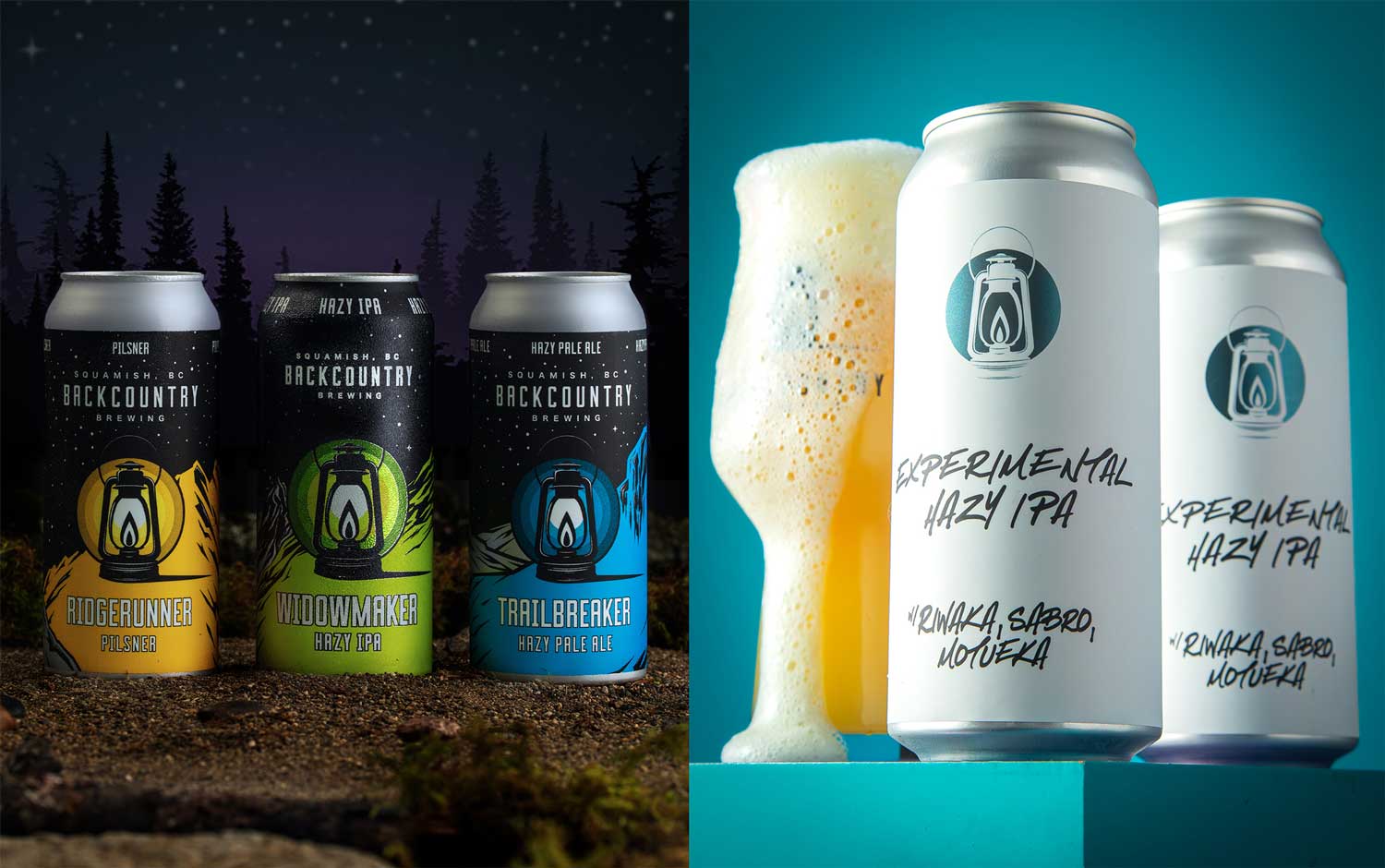 Image of Trailbreaker, Widowmaker and Ridgerunner cans and another image of Experimental Hazy IPA.